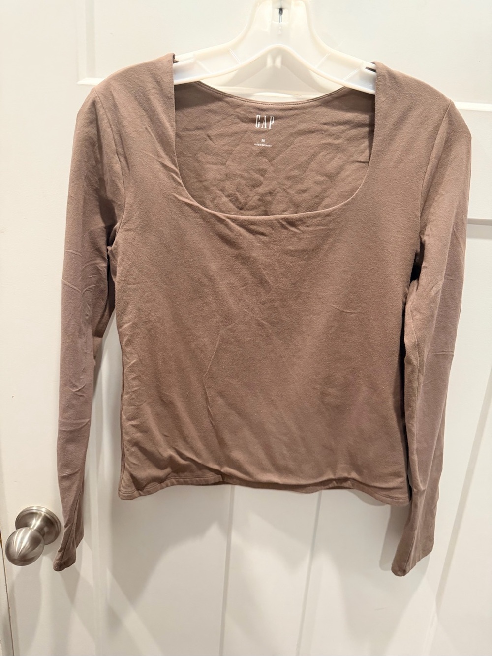 GAP Brown Square Neck Long Sleeve Tee Medium Cotton Stretch Fitted Top